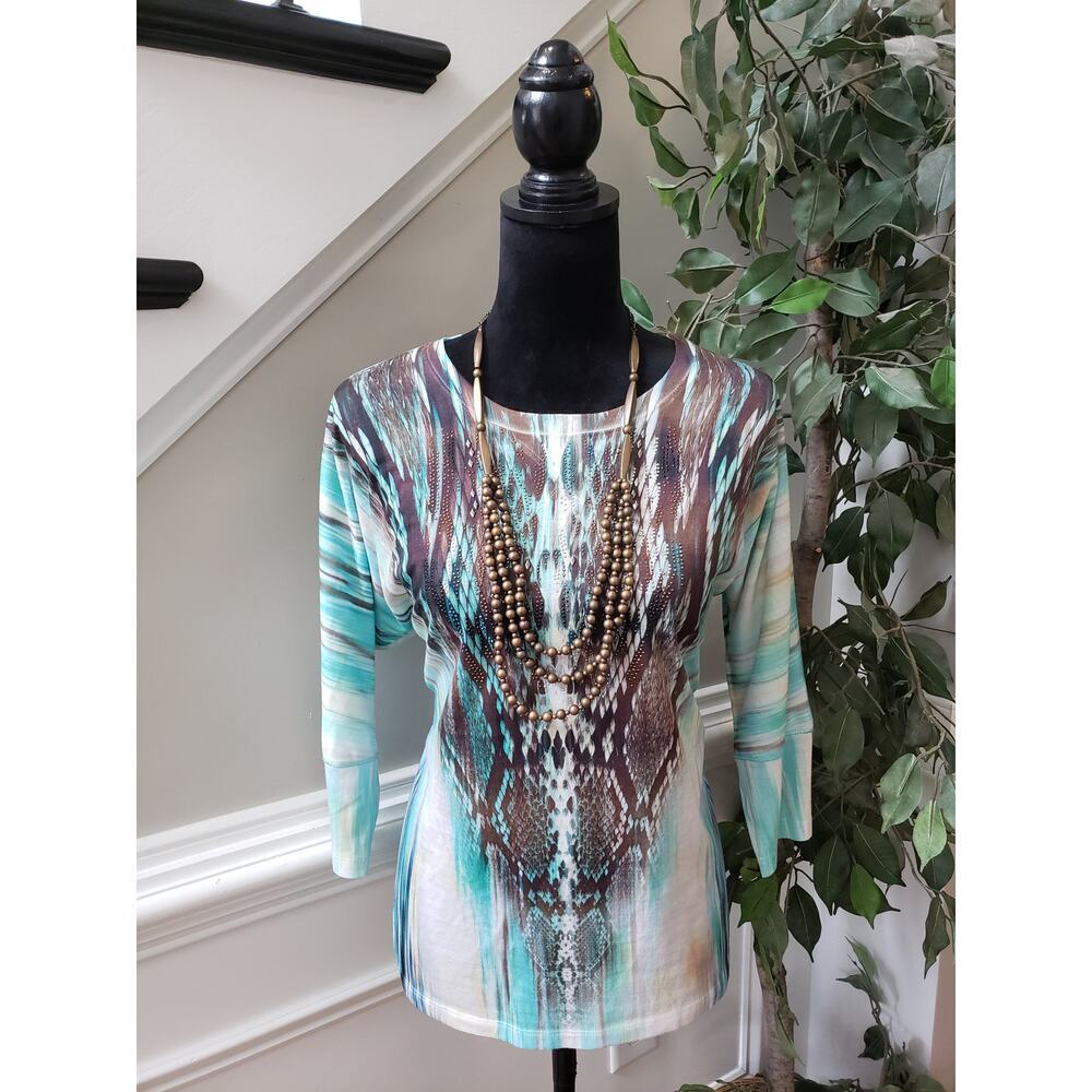 New Directions Blouse Women Medium Multicolor Teal Brown Abstract Print Top